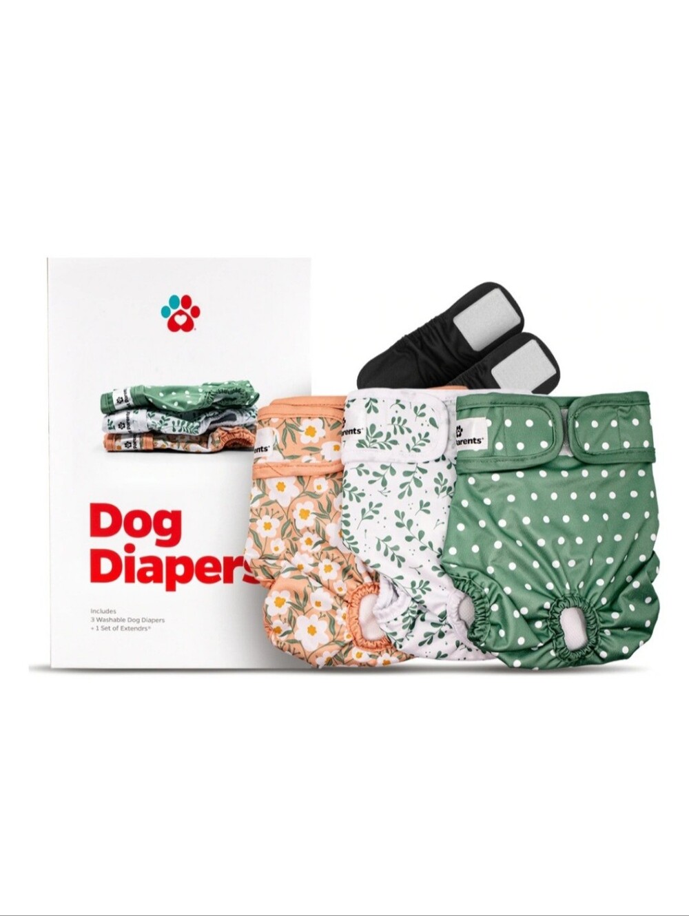 Reusable Dogs Cloth Diapers - Green, White & Peach Prints